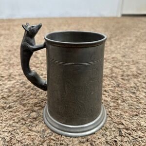 Vintage Pewter Fox Hunt Beer Stein Tankard with Fox Handle Equestrian Decor READ